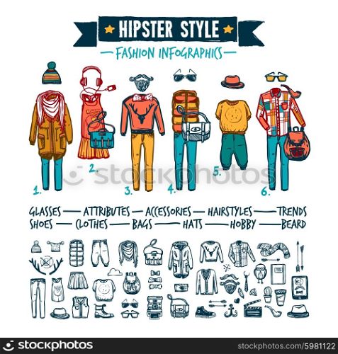 Hipster outside mainsream lifestyle fashion clothing attributes and accessories infographic elements doodle style banner abstract vector illustration. Hipster fashion clothing infographic doodle banner
