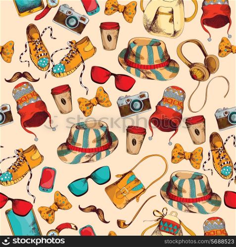 Hipster pack sketch coloder seamless pattern with retro fashion trendy accesoories vector illustration