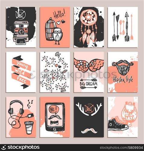 Hipster paper card set with sketch fashion accessories isolated vector illustration. Hipster Card Set