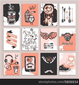 Hipster paper card set with sketch fashion accessories isolated vector illustration. Hipster Card Set
