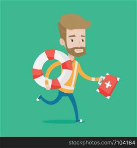 Hipster paramedic running with first aid box. Young caucasian paramedic running to patients. Emergency doctor running with first aid box and lifebuoy. Vector flat design illustration. Square layout.. Paramedic running with first aid box.
