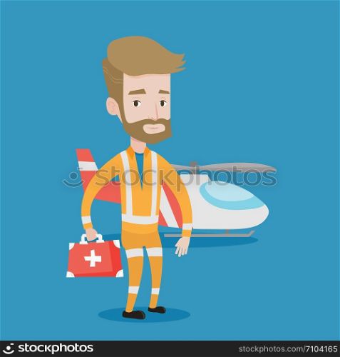 Hipster paramedic standing in front of helicopter. Doctor of air ambulance. Young caucasian paramedic with first aid box. Doctor of air rescue service. Vector flat design illustration. Square layout.. Doctor of air ambulance vector illustration.