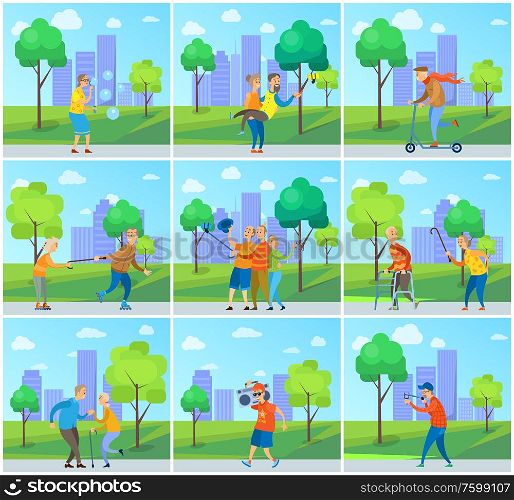 Hipster pensioners vector, man and woman taking selfie with smartphones, modern grandmother and grandfather on scooter, lady rolling, soap bubbles. Pensioners Having Fun in City, Senior People Town