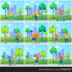 Hipster pensioners vector, man and woman taking selfie with smartphones, modern grandmother and grandfather on scooter, lady rolling, soap bubbles. Pensioners Having Fun in City, Senior People Town