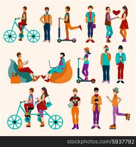 Hipster people flat set with active young trendy males and females avatars isolated vector illustration. Hipster People Flat Set