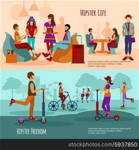 Hipster people horizontal banner set with youth style elements isolated vector illustration. Hipster People Banner Set
