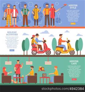 Hipster People Horizontal Banners. Hipster people horizontal banners with holiday activities cafe meeting and clothes style compositions flat vector illustration