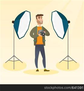 Hipster photographer with beard holding a camera in a photo studio. Photographer using a professional camera in a studio. Young man taking a photo. Vector flat design illustration. Square layout.. Photographer with a camera in a photo studio.