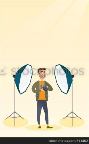 Hipster photographer with beard holding a camera in a photo studio. Photographer using a professional camera in a studio. Young man taking a photo. Vector flat design illustration. Vertical layout.. Photographer with a camera in a photo studio.