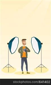 Hipster photographer with beard holding a camera in a photo studio. Photographer using a professional camera in a studio. Young man taking a photo. Vector flat design illustration. Vertical layout.. Photographer with a camera in a photo studio.