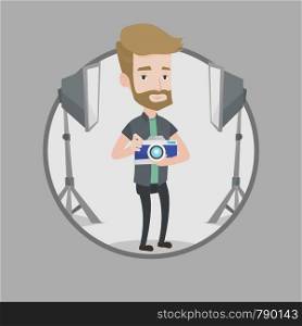 Hipster photographer with beard holding a camera in photo studio. Caucasian photographer using professional camera in the studio. Vector flat design illustration in the circle isolated on background.. Photographer with camera in photo studio.