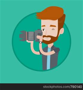 Hipster photographer with beard taking a photo. Young photographer taking a picture. Caucasian photographer with digital camera. Vector flat design illustration in the circle isolated on background.. Photographer taking photo vector illustration.