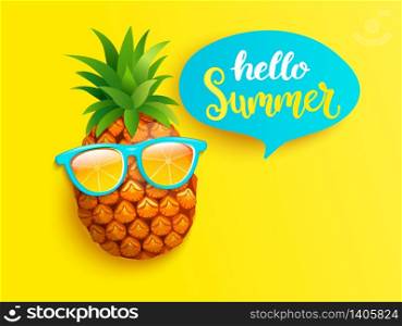 Hipster pineapple in orange sunglasses greeting summer on yellow background. Welcome banner for hot season. Hello party, fun and picnics. Bright poster with exotic fruit. Vector illustration.. Hello summer greeting banner with pineapple.