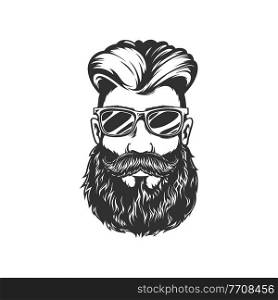 Hipster portrait, handsome male with stylish hairstyle, brutal guy portrait isolated monochrome icon. Vector businessman in eyeglasses, confident retro style man, gentleman with beard and moustaches. Bearded hipster in glasses, stylish man haircut