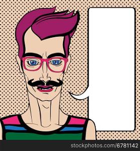 Hipster portrait with speech bubble, hand drawn illustration of a man with moustache and pink glasses over a background with dots