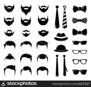 Hipster portraits creation kit. Monochrome constructor with male moustache, beard and haircut. Mustache and haircut hipster, illustration of moustache and beard. Hipster portraits creation kit. Monochrome constructor with male moustache, beard and haircut