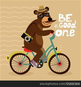 Hipster poster with geek bear riding bicycle vector illustration