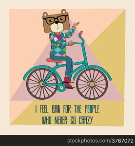 Hipster poster with nerd bear riding bike, vector illustration