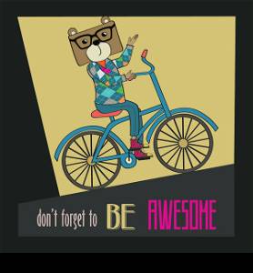 Hipster poster with nerd bear riding bike, vector illustration
