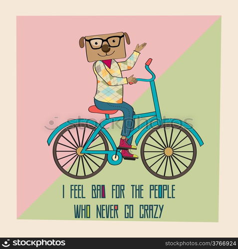 Hipster poster with nerd dog riding bike, vector illustration