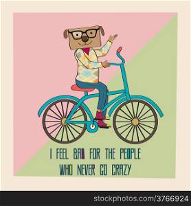 Hipster poster with nerd dog riding bike, vector illustration