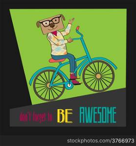 Hipster poster with nerd dog riding bike, vector illustration