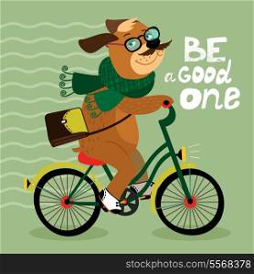Hipster poster with nerd dog riding bike vector illustration