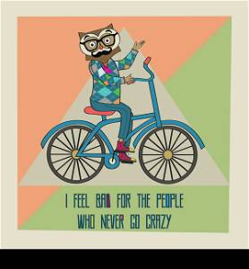 Hipster poster with nerd owl riding bike, vector illustration
