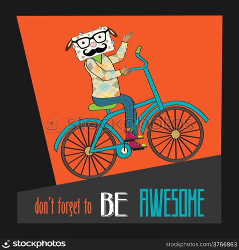 Hipster poster with nerd sheep riding bike, vector illustration