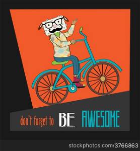 Hipster poster with nerd sheep riding bike, vector illustration
