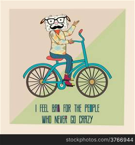 Hipster poster with nerd sheep riding bike, vector illustration