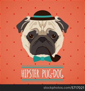 Hipster pug dog with hat smoking pipe and bow tie portrait with ribbon poster vector illustration