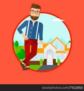 Hipster real estate agent standing near the house. Real estate agent leaning on the house. Real estate agent offering house. Vector flat design illustration in the circle isolated on background.. Real estate agent offering house.