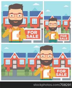 Hipster real estate agent with beard signing contract. Real estate agent standing in front of the house with placard for sale. Vector flat design Illustration. Square, horizontal, vertical layouts.. Real estate agent signing contract.