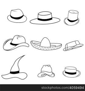 Hipster Retro Vintage Vector Icon Set of hats - sombrero, cylinder, passport, Safari pith wizard Ravin, English , a cowboy, vector