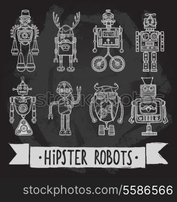 Hipster robot retro humanoid avatar black silhouette icons set isolated vector illustration.
