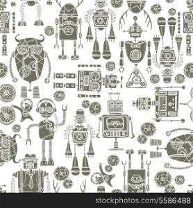 Hipster robot retro humanoid machinery black and white seamless pattern vector illustration.