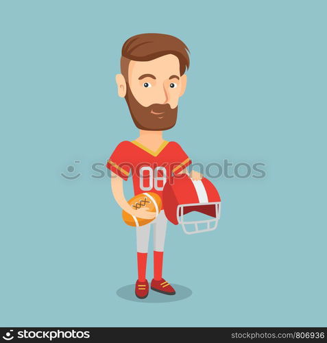 Hipster rugby player with beard holding a ball and a helmet in hands. Full length of young caucasian rugby player in uniform. Sport and leisure concept. Vector flat design illustration. Square layout.. Rugby player vector illustration.