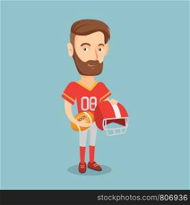 Hipster rugby player with beard holding a ball and a helmet in hands. Full length of young caucasian rugby player in uniform. Sport and leisure concept. Vector flat design illustration. Square layout.. Rugby player vector illustration.