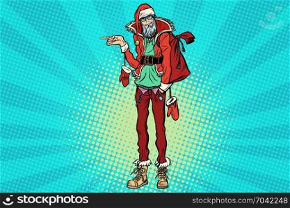 Hipster Santa Claus pointing sideways. Christmas holiday and New year. Pop art retro vector illustration. Hipster Santa Claus pointing sideways