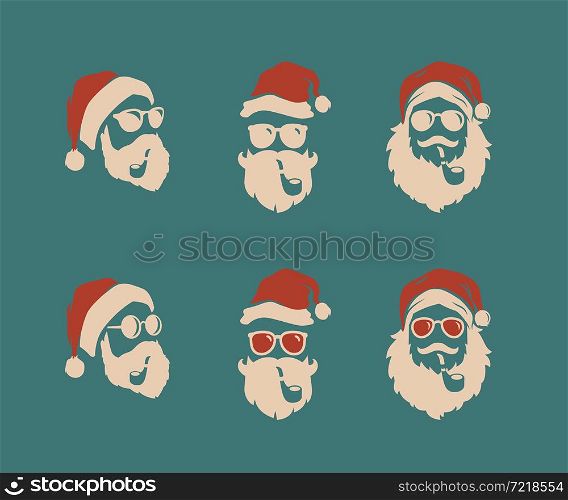 Hipster Santa claus vintage vector illustration set. With nice beard mustache and cigar.