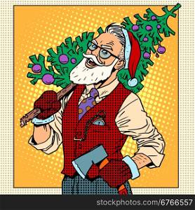 Hipster Santa Claus with Christmas tree pop art retro style. Hipster Santa Claus with Christmas tree