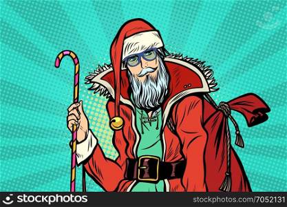 Hipster Santa Claus with sweets and Christmas gift. Christmas holiday and New year. Pop art retro vector illustration. Hipster Santa Claus with sweets and Christmas gift