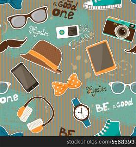 Hipster seamless elements of retro hat and music player camera vector illustration