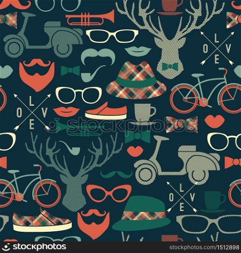 Hipster seamless pattern.Vector vintage illustration. Retro color.. Hipster seamless pattern.Vector vintage illustration.