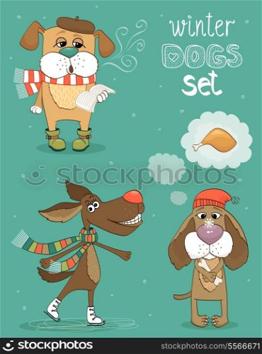 Hipster set of cute winter fashion dogs vector illustration