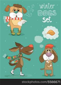 Hipster set of cute winter fashion dogs vector illustration