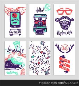 Hipster Sketch Banner Set. Hipster style attribution accessories and text sketch color vertical banner set isolated vector illustration