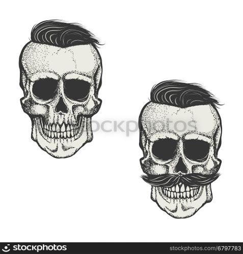 Hipster skull with hair and mustache. Design elements for emblem, poster, t-shirt or apparel print. Vector illustration.