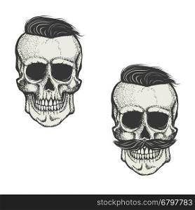 Hipster skull with hair and mustache. Design elements for emblem, poster, t-shirt or apparel print. Vector illustration.